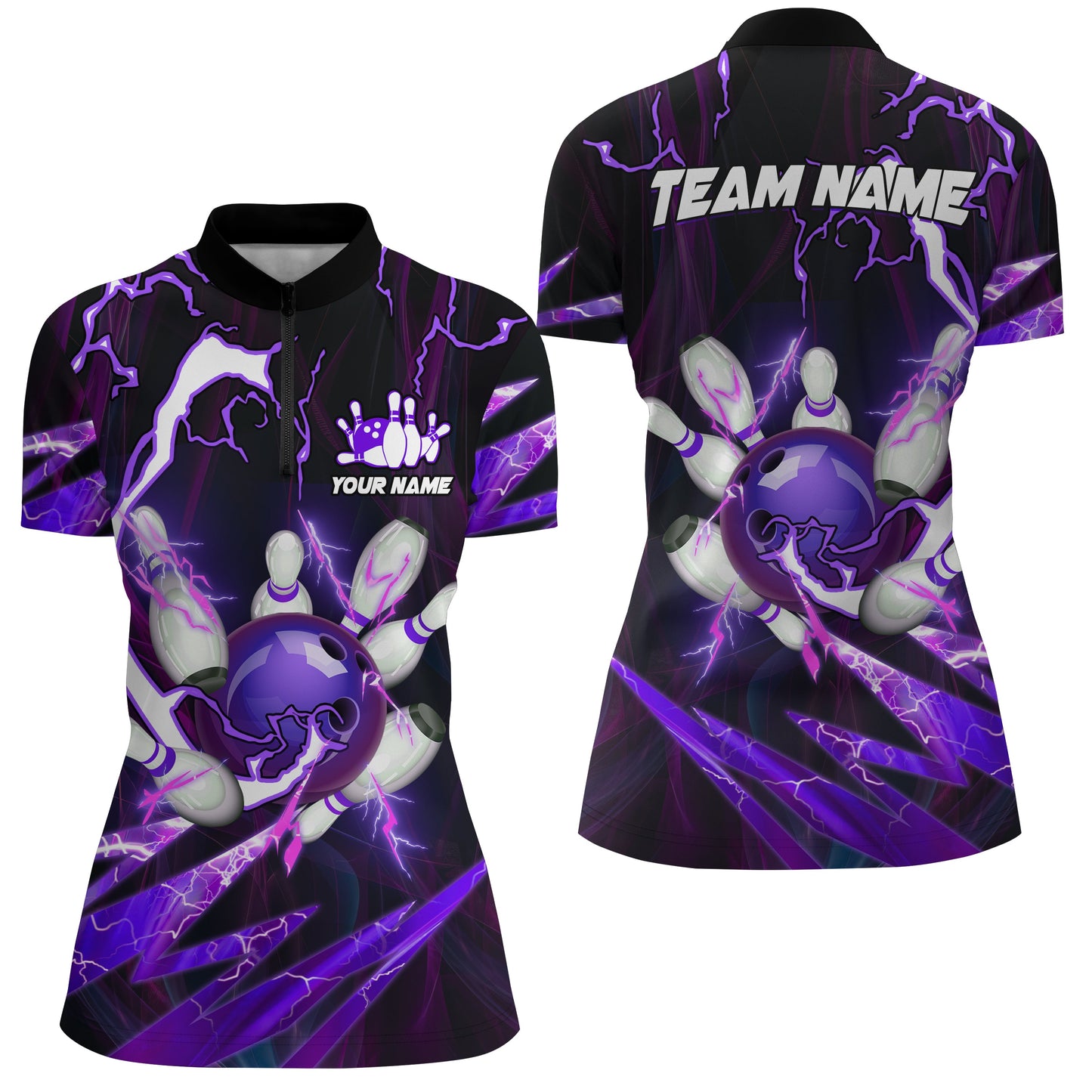 Flame lightning thunder bowling ball pins Custom Team Bowling Quarter Zip Shirts For Women | Purple NQS6550