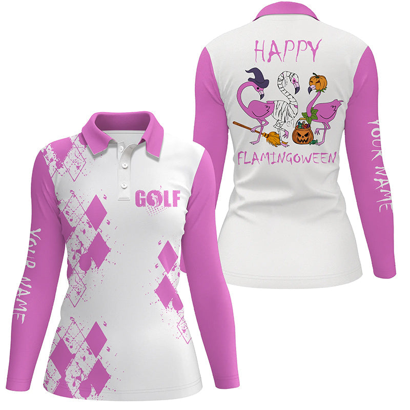 Pink Flamingo Womens golf polo shirt custom funny Halloween flamingoween golf shirt for ladies NQS6558