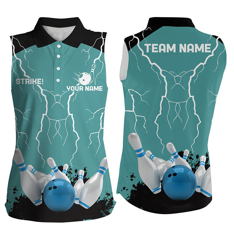 Women sleeveless polo shirts Custom bowling strike lightning storm team league jersey | Turquoise NQS6342