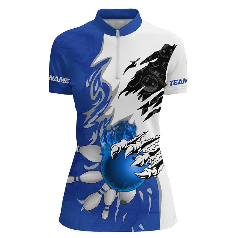 Bowling Quarter Zip Shirt for women Custom bowling ball pins Jerseys flame bowling shirt | Blue NQS6460