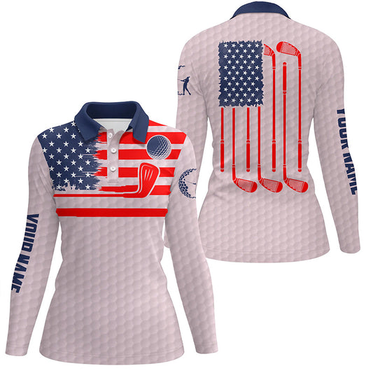 American flag patriotic womens golf polo shirt custom name pink golf polo shirt, unique golf gifts NQS6478