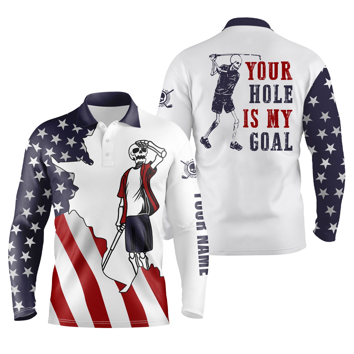 American flag patriotic Mens golf polos shirts custom name funny golf skull your hole is my goal NQS5095