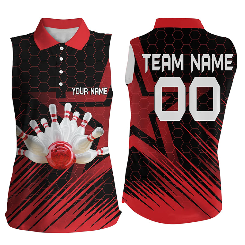 Custom Red sleeveless bowling shirt for women – personalized team jersey front view