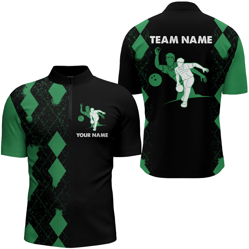 Personalized Bowling Shirt for Men Quarter-Zip, Custom Name Men Green&Black Team Bowling Shirt NBZ162