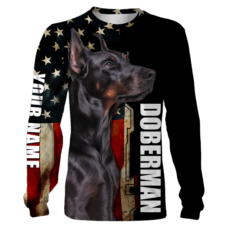Doberman American Flag Personalized Doberman Hoodie Long Sleeve, Dog Lover Gift for Doberman Lover| JTSD284