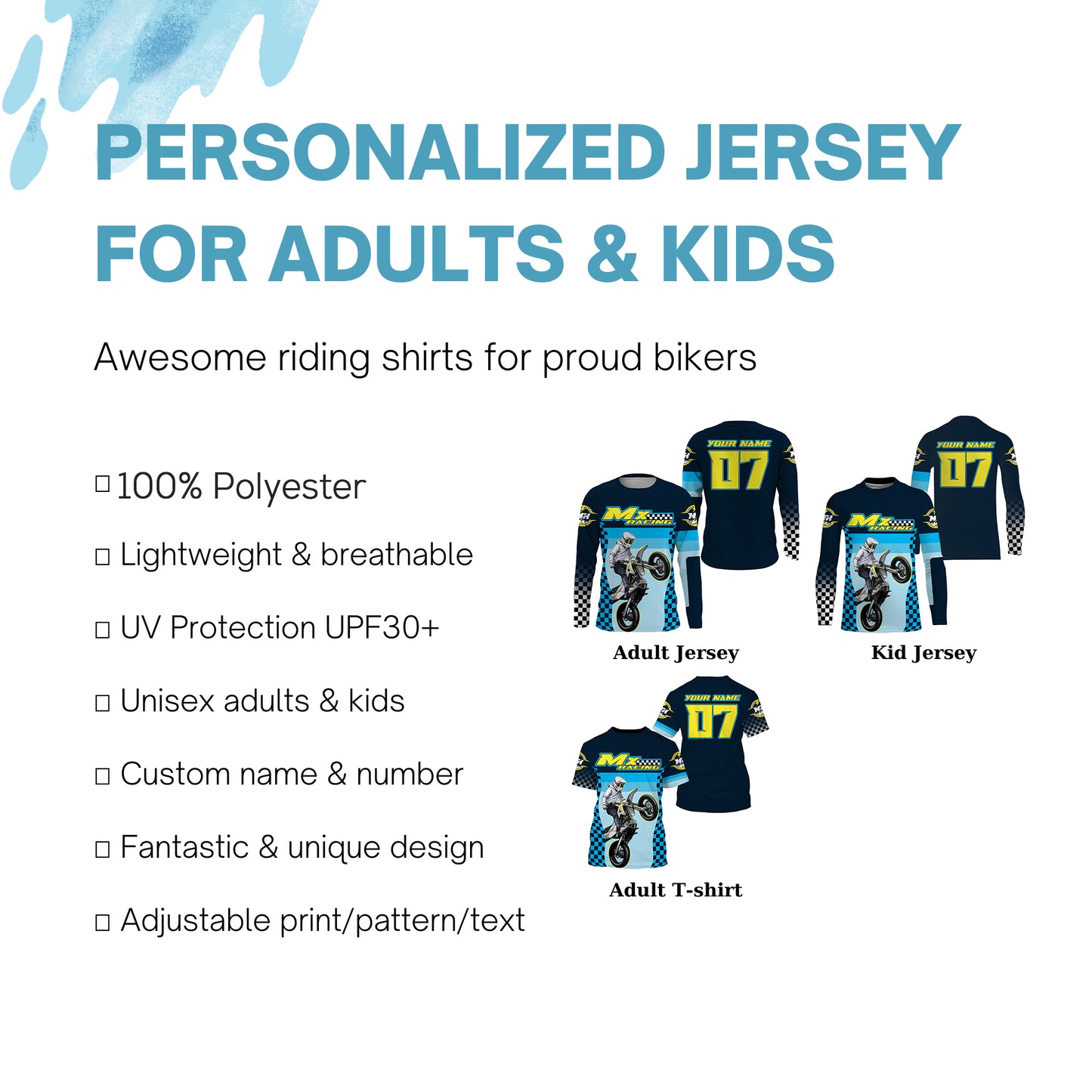 Kid adult youth Motocross jersey custom blue flag racing UPF30+ off-road biker riding motorcycle PDT117