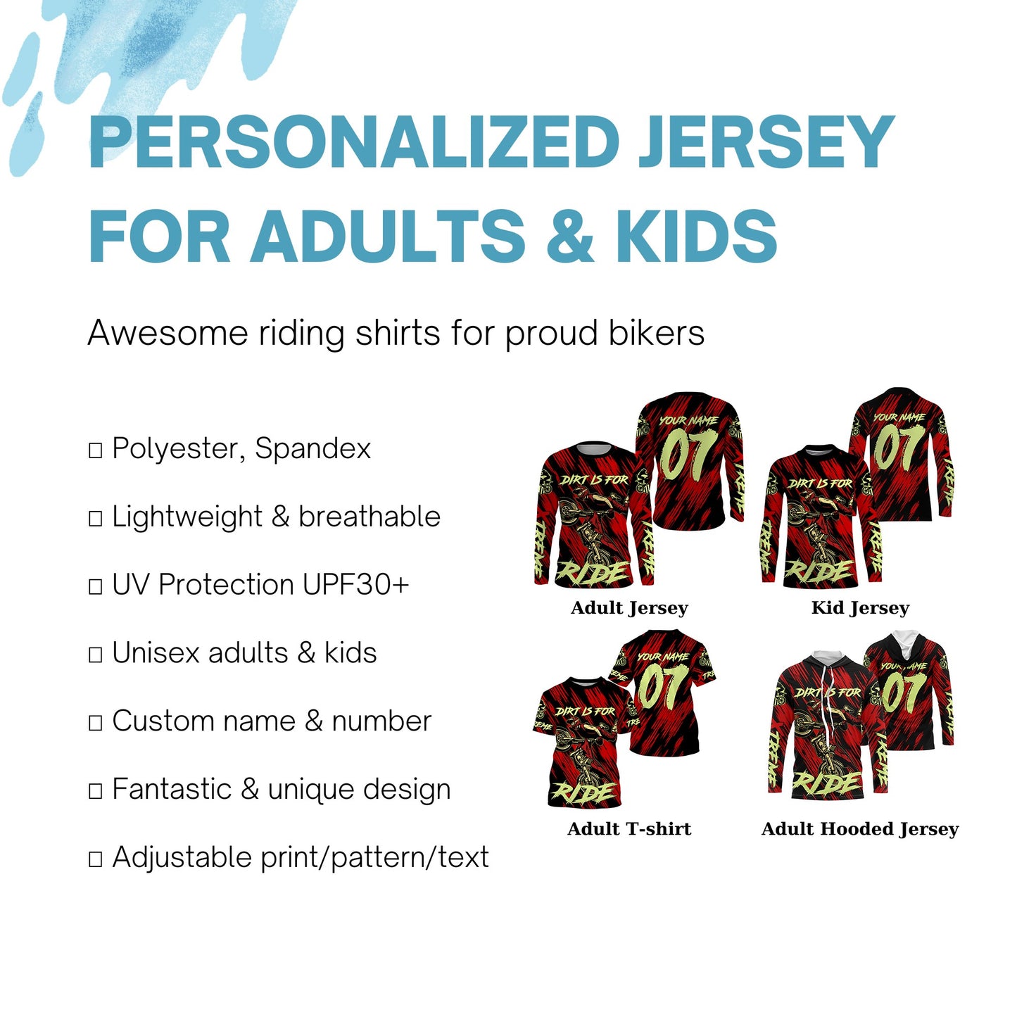 Motocross custom red kid&adult jersey UV protective shirt Dirt Is For Ride extreme motorcycle PDT50