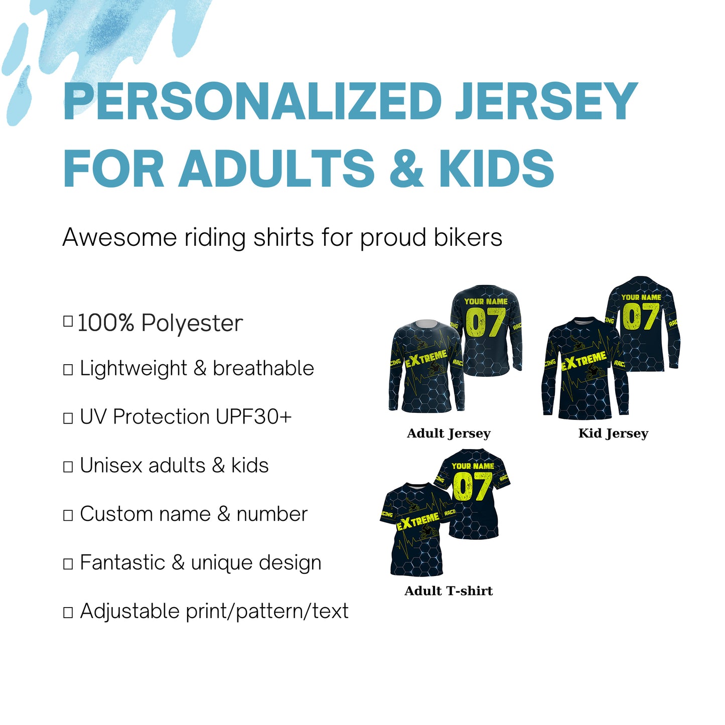Personalized Motocross men women kid blue jersey UPF30+ freestyle off-road extreme dirt bike shirt PDT322