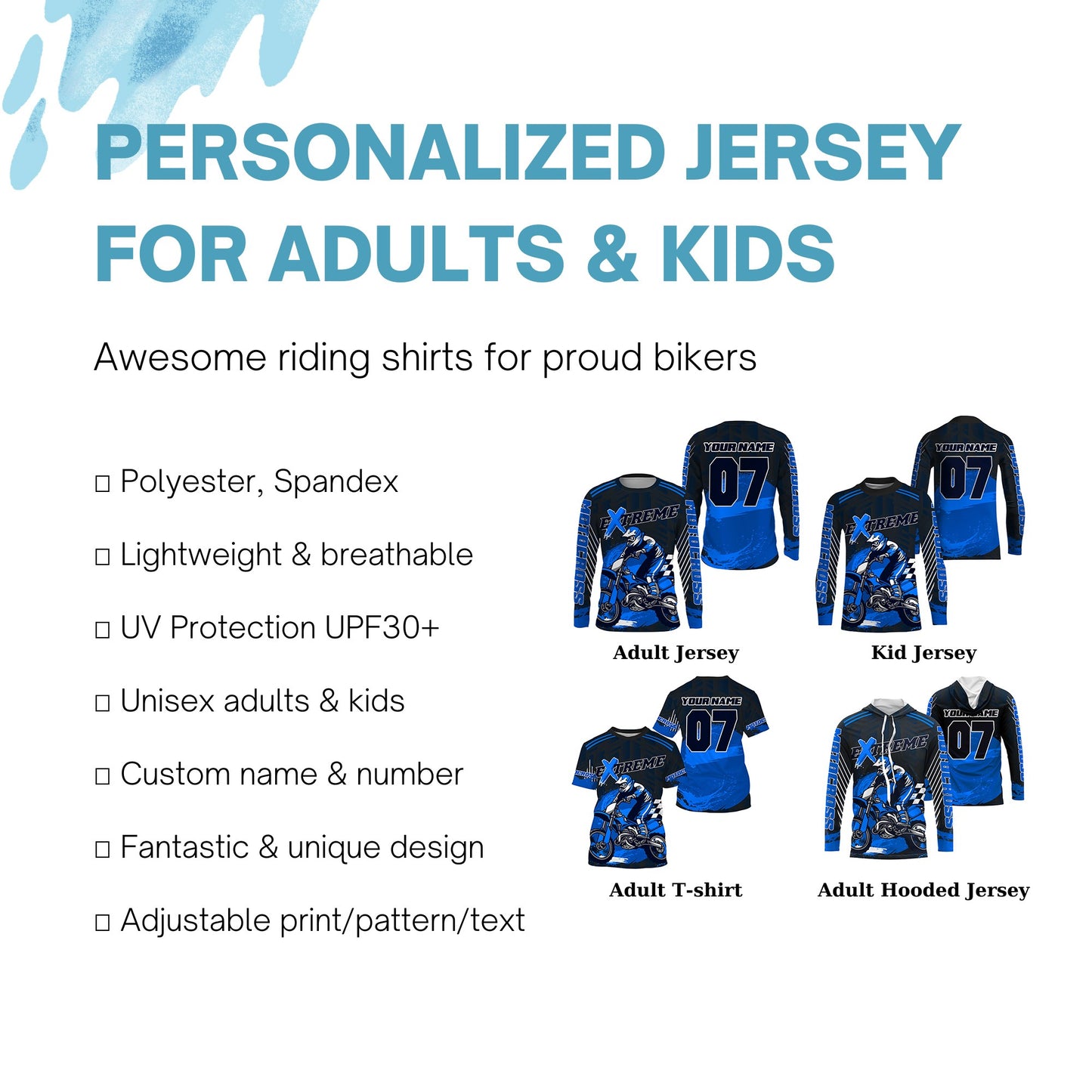 Personalized blue UPF30+ Motocross riding jersey extreme MX racing dirt bike off-road motorcycle PDT39