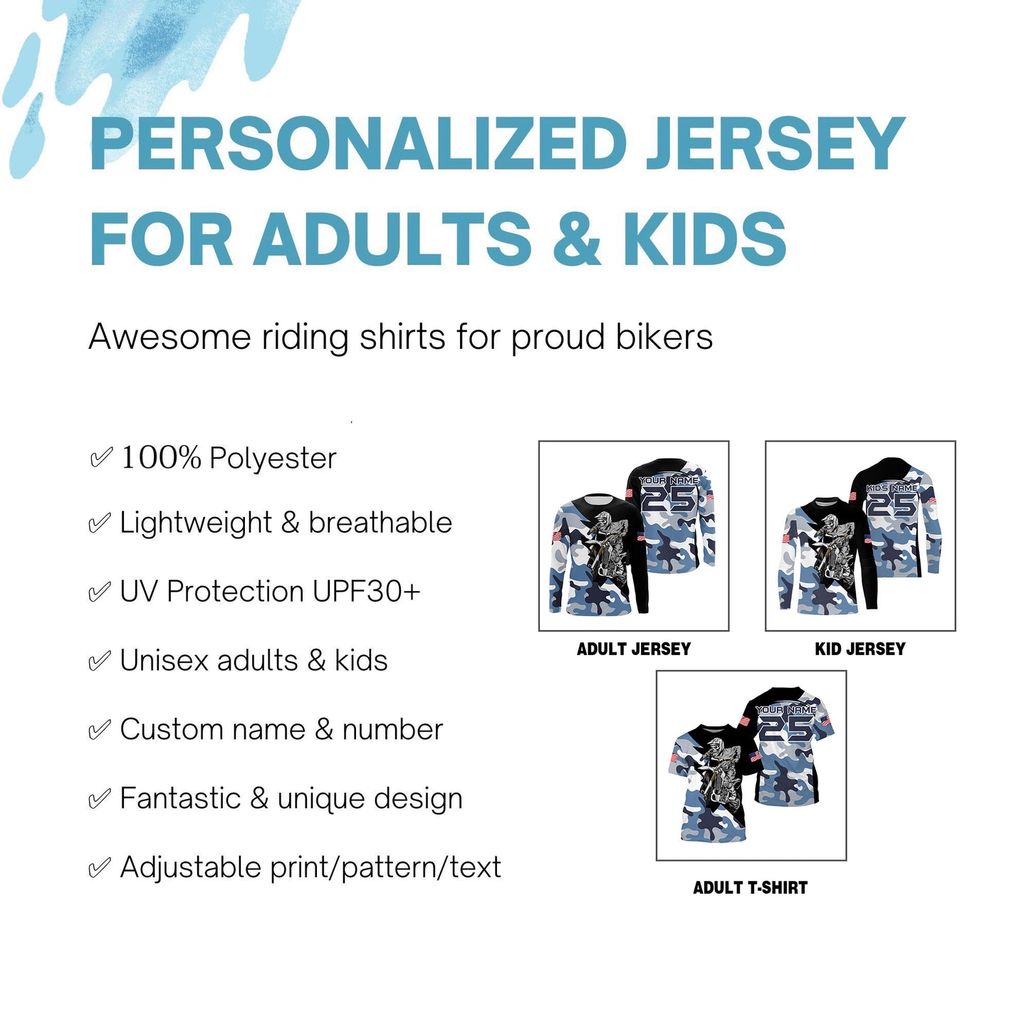 Blue camo custom dirt bike jersey kid&adult UV Motocross racing shirt off-road extreme motorcycle PDT141