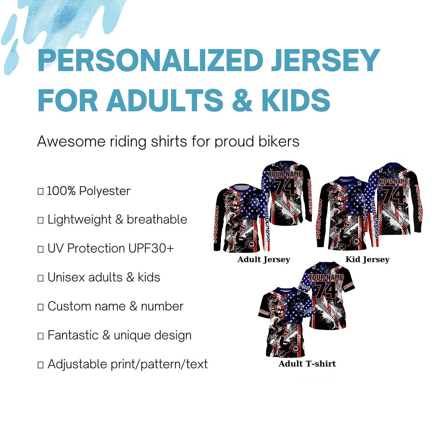 Patriotic dirt bike freestyle kid men women custom MX jersey UPF30+ USA Motocross gear racing shirt PDT349