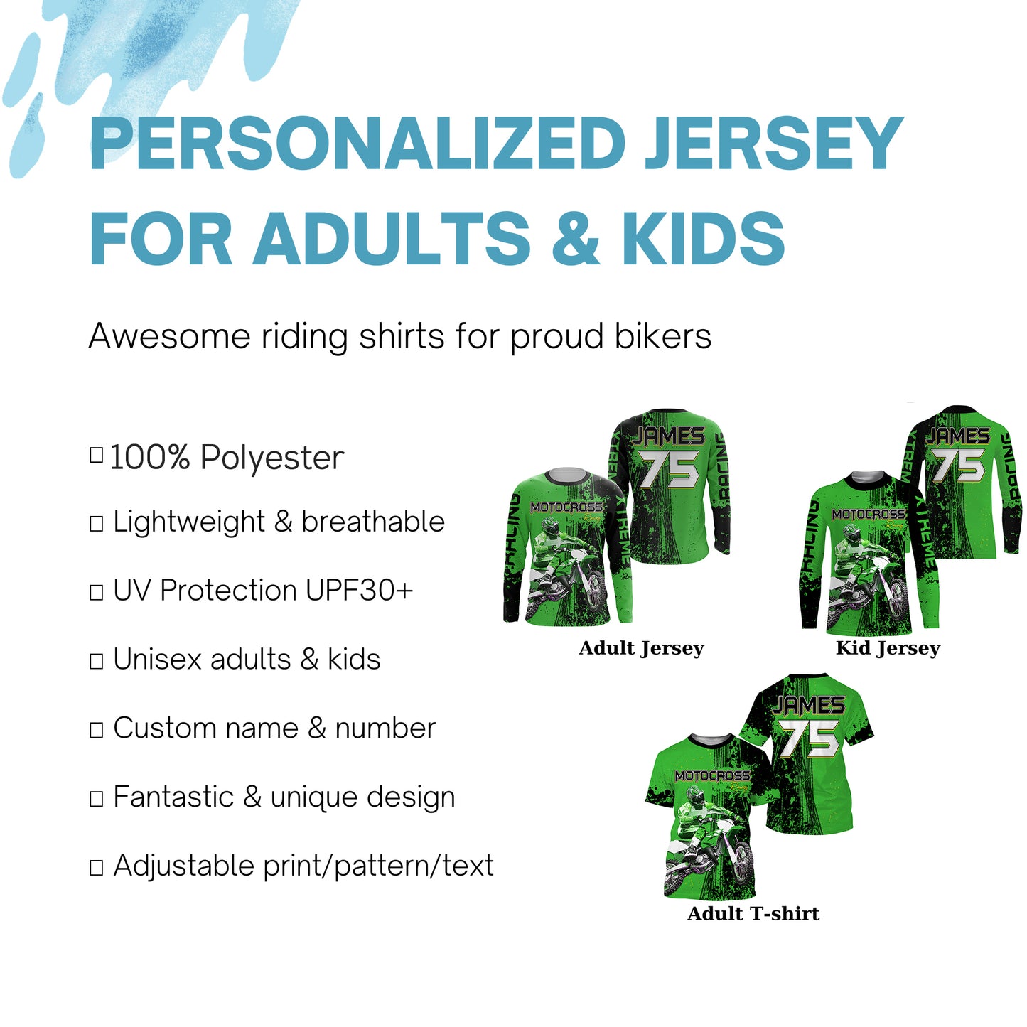 Custom Motocross Jersey Kid Men Women UV Protective Green MX Biker Racing Xtreme Motorcycle Shirt PDT384