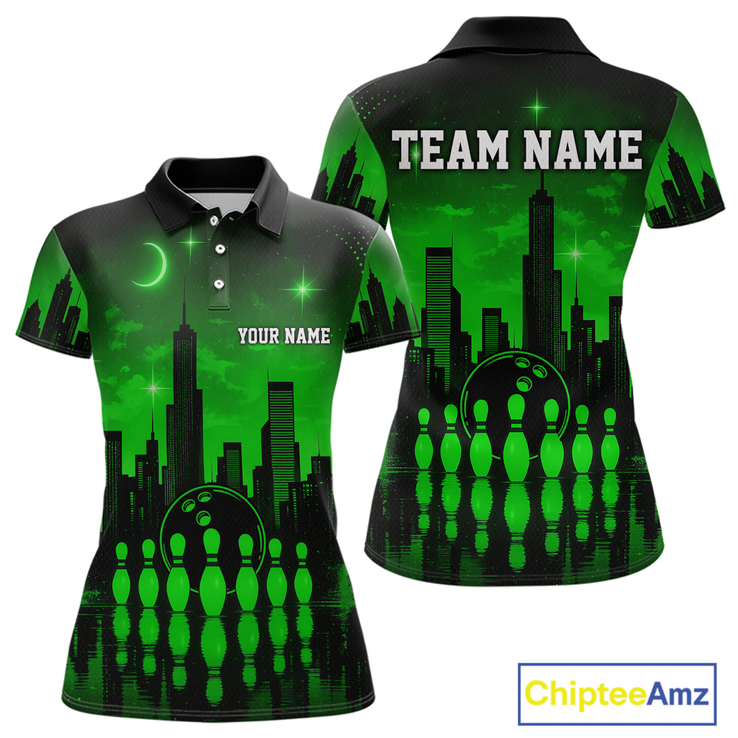 Green Bowling Custom Women Bowling Shirt Polo & Quarter-Zip Bowling Team Jerseys HNT66