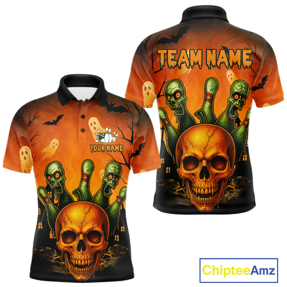 Front and back views of a short-sleeve polo shirt with a Halloween theme, featuring a large skull, green zombie fingers, ghosts, bats, and the text 'TEAM NAME' and 'YOUR NAME'.