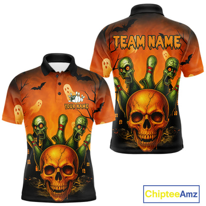 Front and back views of a short-sleeve polo shirt with a Halloween theme, featuring a large skull, green zombie fingers, ghosts, bats, and the text 'TEAM NAME' and 'YOUR NAME'.
