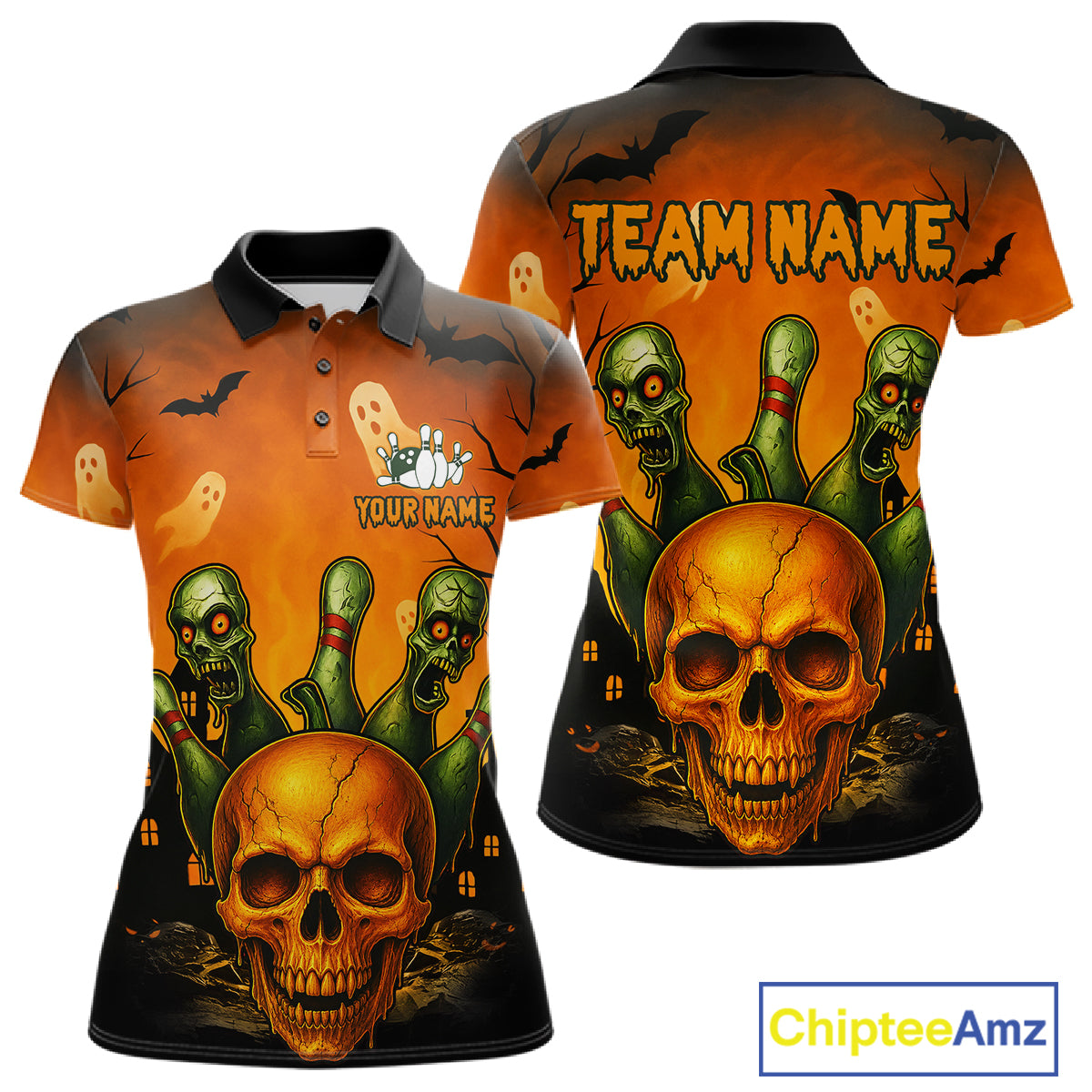 A women's short-sleeve polo shirt shown from the front and back, featuring a Halloween graphic print with a large orange skull, green zombie bottles, ghosts, bats, and the text 'TEAM NAME' and 'YOUR NAME'. The shirt has a black collar and cuffs, and is displayed on a white background with a ChipteeAmz watermark in the bottom right corner.