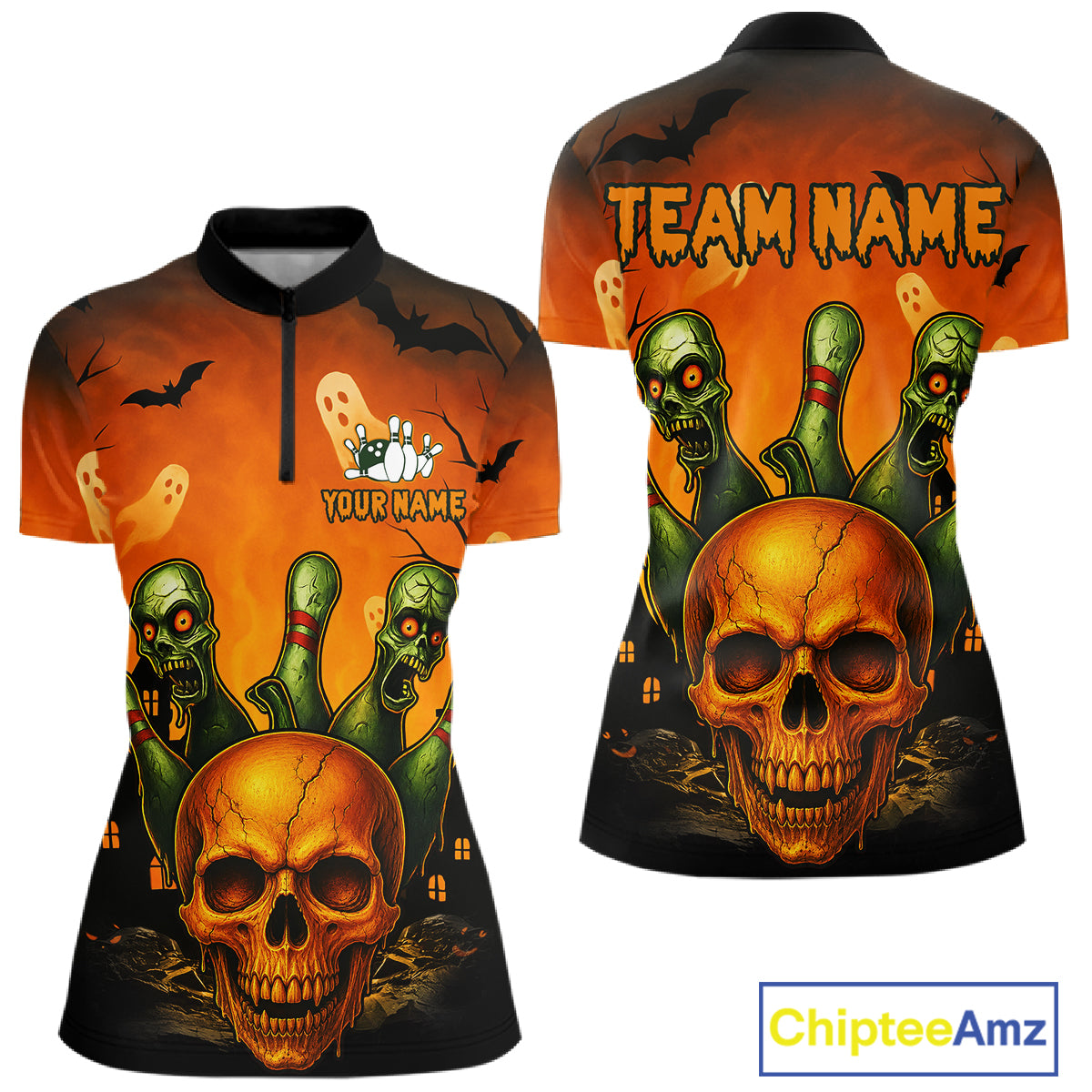 Front and back views of a short-sleeve women's quarter-zip jersey with a Halloween-themed graphic print. The design features a large skull, green bowling pins, ghosts, bats, and the text 'TEAM NAME' and 'YOUR NAME'.