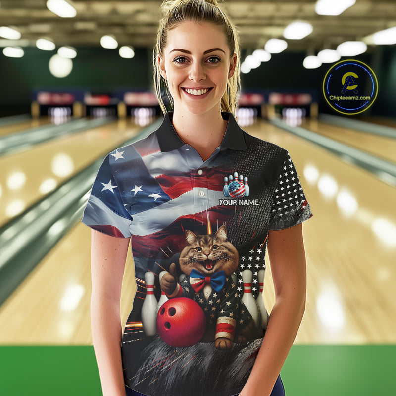 American Flag Funny Cat Bowling Shirt for Women Custom Bowling League Jersey Polo & 1/4 Zip Shirt QZT807