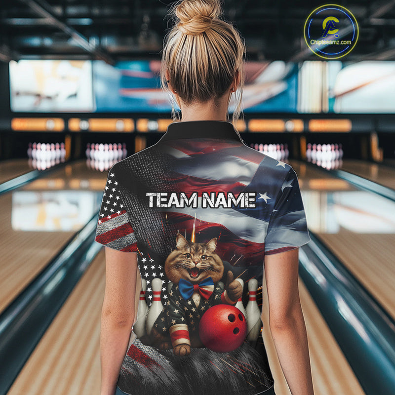 American Flag Funny Cat Bowling Shirt for Women Custom Bowling League Jersey Polo & 1/4 Zip Shirt QZT807