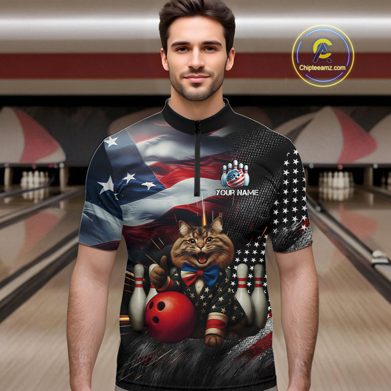American Flag Funny Cat Bowling Shirt for Men Custom Bowling League Jersey Polo & 1/4 Zip Shirt QZT807