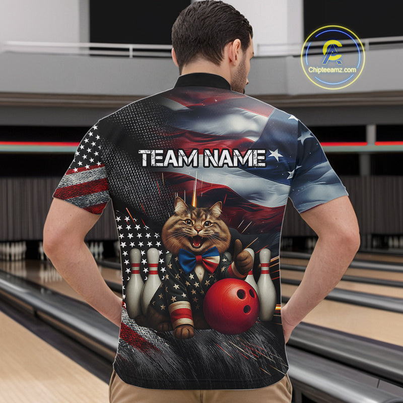 American Flag Funny Cat Bowling Shirt for Men Custom Bowling League Jersey Polo & 1/4 Zip Shirt QZT807