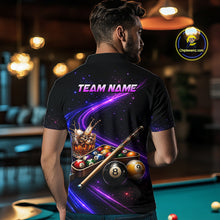Load image into Gallery viewer, A man viewed from behind wearing a black short-sleeve polo shirt with a large back graphic. The graphic features a purple and blue galaxy design with billiards elements, including a cue stick, pool balls, and a glass of beer.