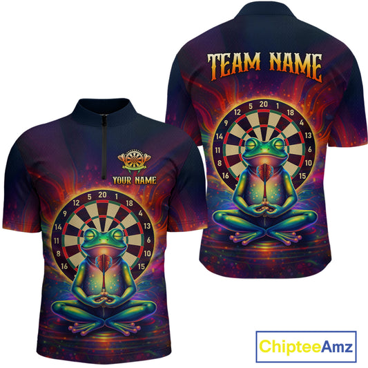 Custom Zen Frog Dart Shirts for Men Menditation Style Dart Jersey Polo & 1/4Zip Dartboard Shirt DHT20