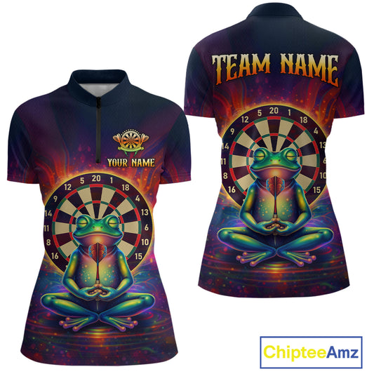 Custom Zen Frog Dart Shirts for Women Meditation Style Dart Jersey Polo & 1/4Zip Dartboard Shirt DHT20