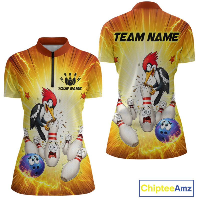 Bowling-themed sports jersey with cartoon characters and 'Team Name' text on a yellow background.