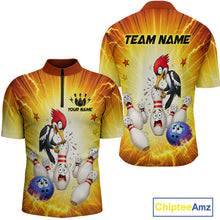 Load image into Gallery viewer, Bowling-themed shirt with cartoon woodpecker and bowling pins, customizable with team name and player name, brand 'Chiptee Amz' visible.