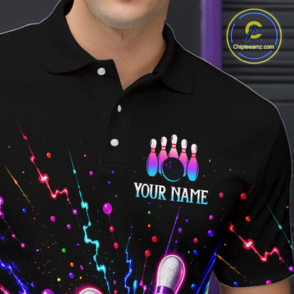 Black polo shirt with colorful design and 'Your Name' text, brand logo visible.