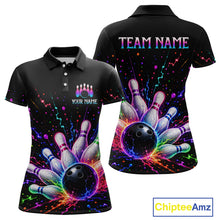 Load image into Gallery viewer, Black polo shirt with colorful bowling design on front and back, customizable text, and Chiptee Amz branding.
