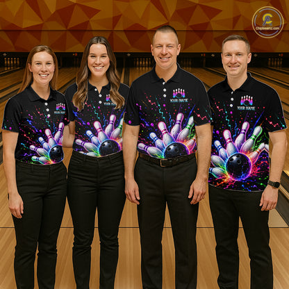 Four people wearing matching bowling-themed shirts in a bowling alley.