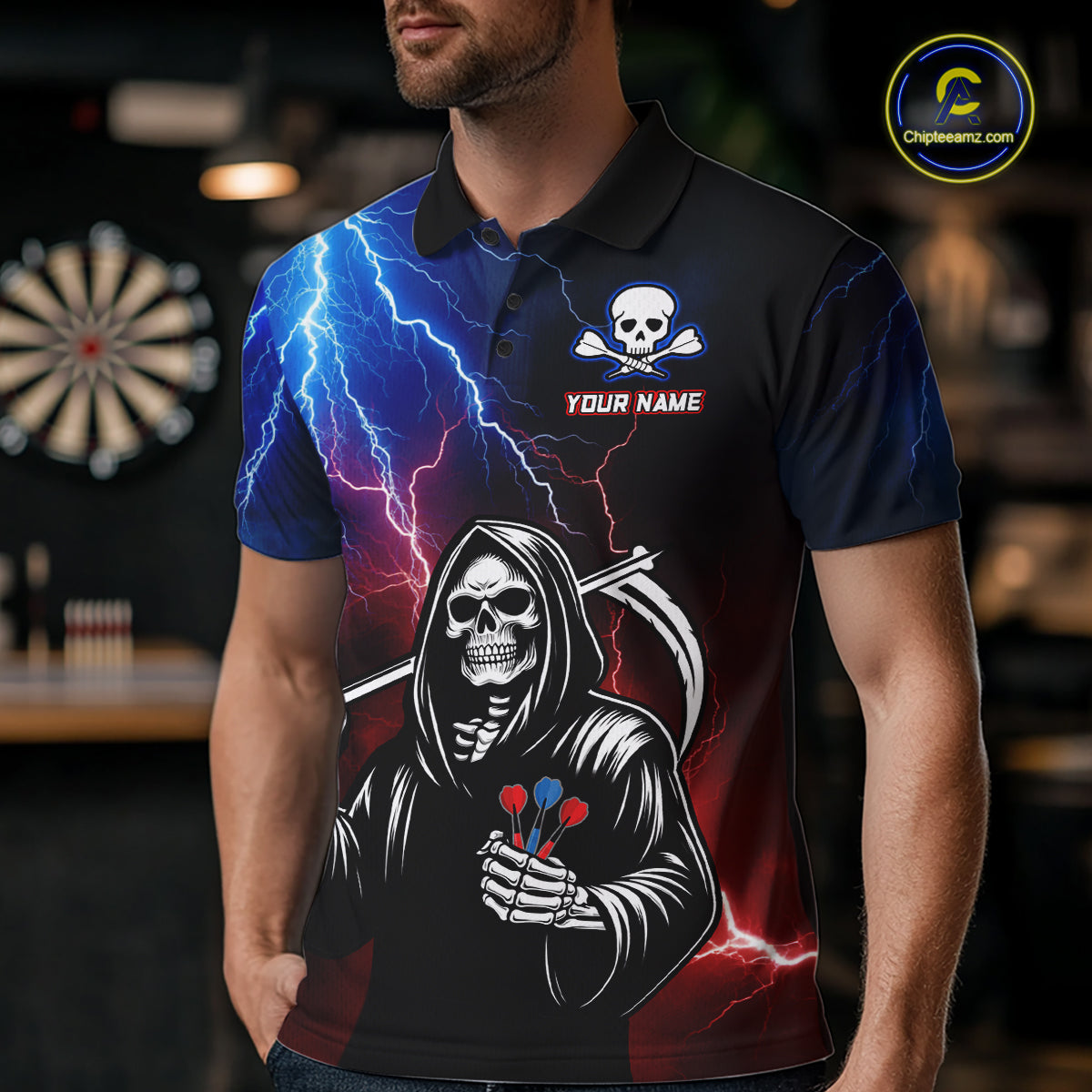 Custom Lightning Thunder Grim Reaper Dart Shirts for Men Polo & Quarter-Zip Dart Jersey DHT27