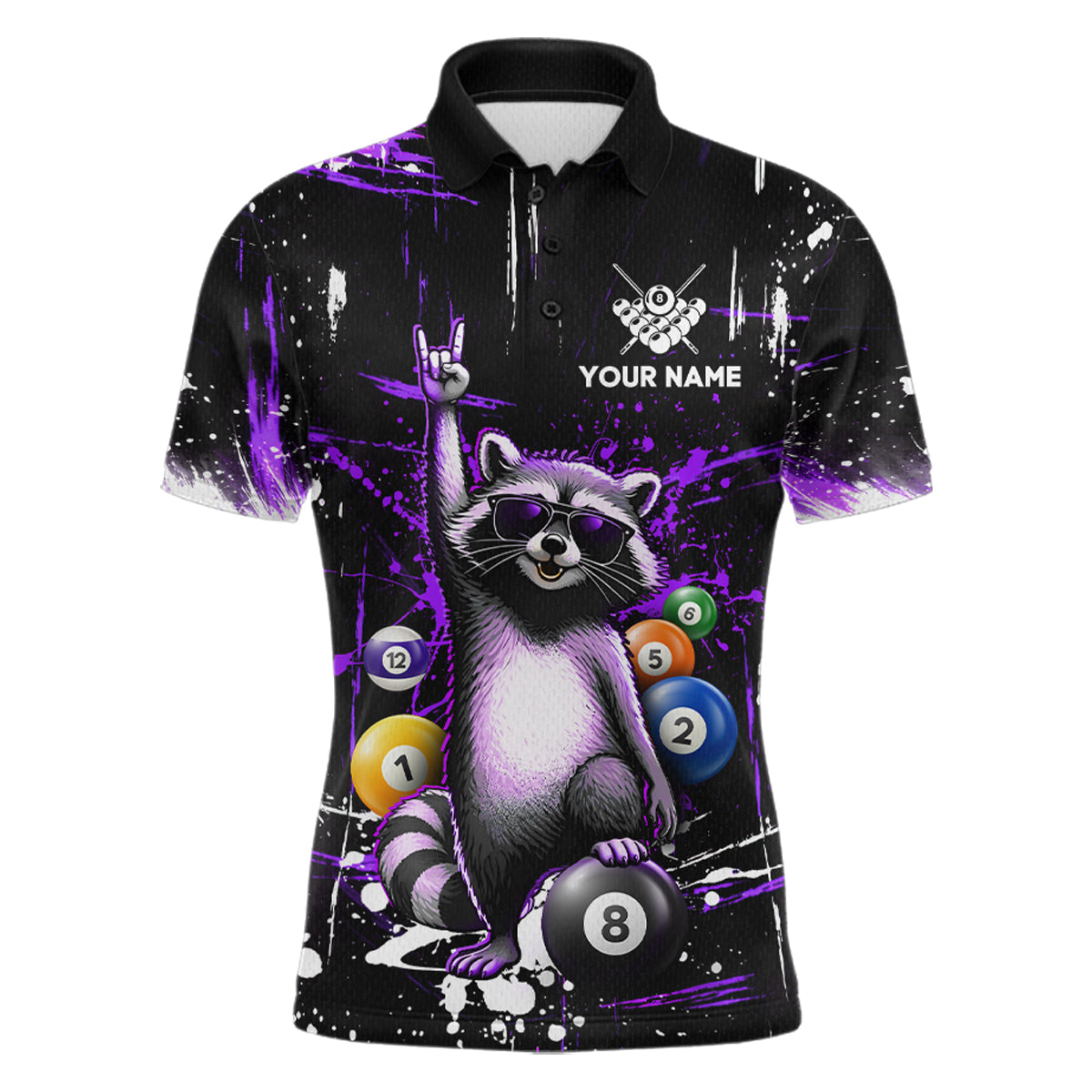Custom Purple Funny Raccoon Billiard Shirt for Men 8 Ball Pool Billiard Jersey Polo & 1/4-Zip BHT5