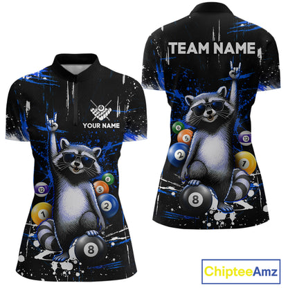 Custom Blue Funny Raccoon Billiard Shirt for Women 8 Ball Pool Billiard Jersey Polo & 1/4-Zip BHT5