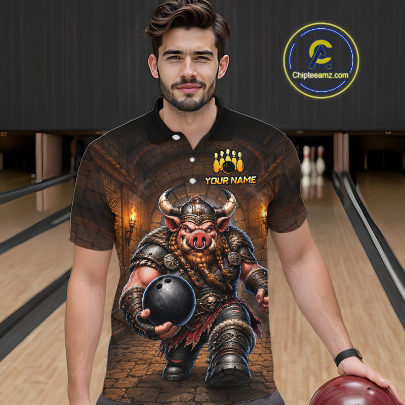 Custom Viking Pig Bowling Shirt Black & Brown Funny Bowling Jersey for Men Polo & Quarter-Zip QZT1226