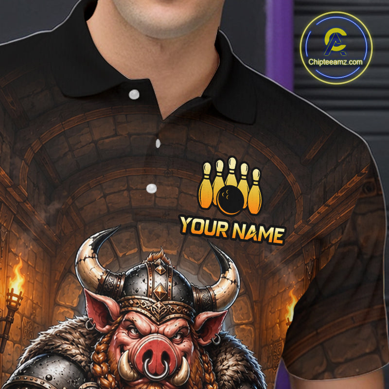 Custom Viking Pig Bowling Shirt Black & Brown Funny Bowling Jersey for Men Polo & Quarter-Zip QZT1226