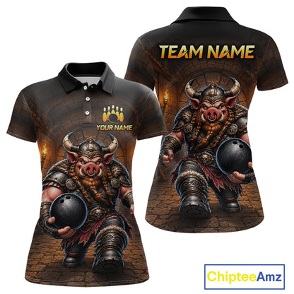 Custom Viking Pig Bowling Shirt Black & Brown Funny Bowling Jersey for Women Polo & Quarter-Zip QZT1226