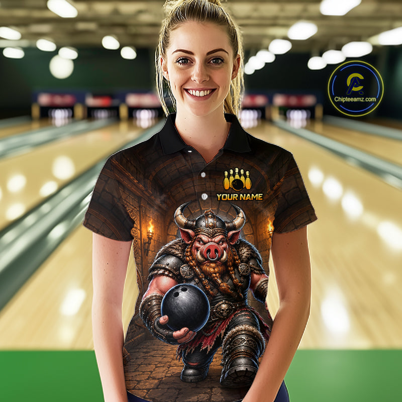 Custom Viking Pig Bowling Shirt Black & Brown Funny Bowling Jersey for Women Polo & Quarter-Zip QZT1226