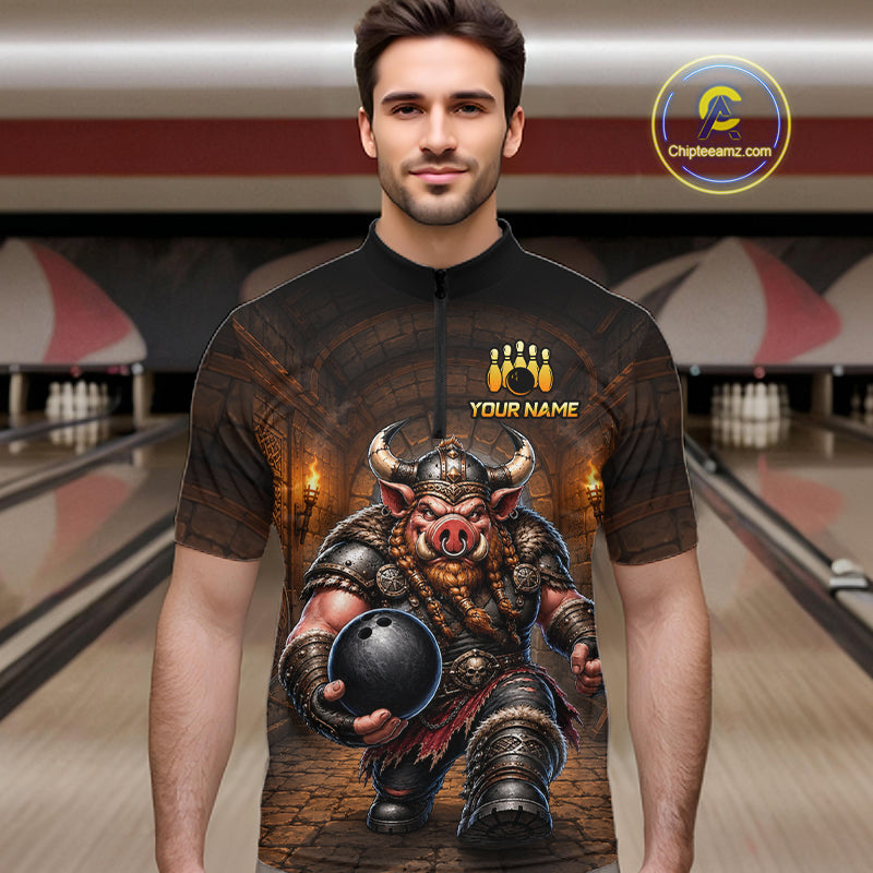 Custom Viking Pig Bowling Shirt Black & Brown Funny Bowling Jersey for Men Polo & Quarter-Zip QZT1226