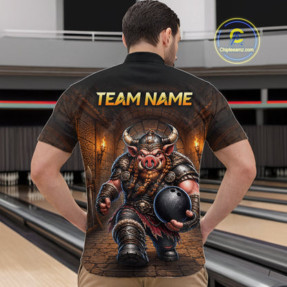 Custom Viking Pig Bowling Shirt Black & Brown Funny Bowling Jersey for Men Polo & Quarter-Zip QZT1226