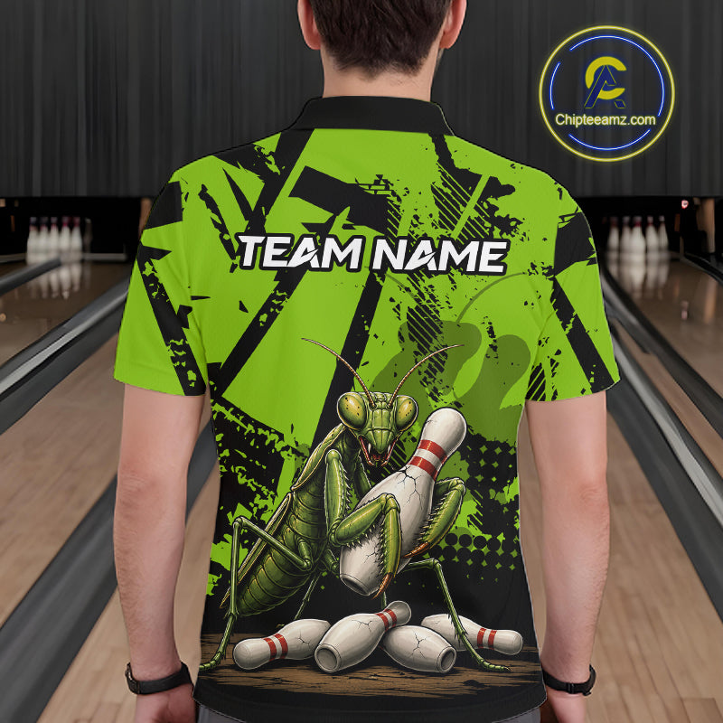 A person viewed from behind wearing a bright lime green and black short-sleeve bowling-themed shirt with a large praying mantis graphic holding bowling pins and the text 'TEAM NAME' across the upper back. 
