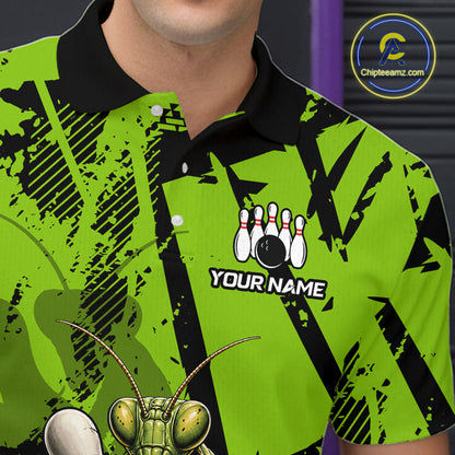 A close-up of a person wearing a bright neon green and black short-sleeve polo shirt with a bowling-themed graphic on the chest, including bowling pins, a bowling ball, and the text 'YOUR NAME'. 