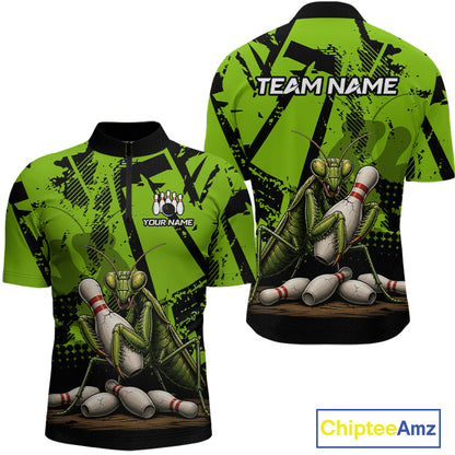 Custom bowling-themed short-sleeve quarter-zip shirt shown from both front and back views. The shirt features a bright lime green and black splatter design with a large green praying mantis holding bowling pins on the front