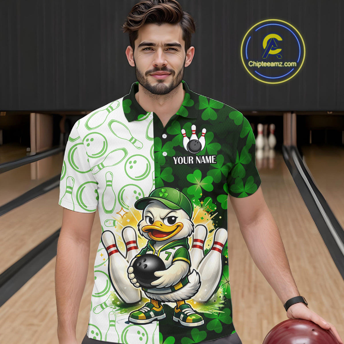 Custom Green Funny Duck Bowling Team Shirt for Men Lucky Clover St Patrick Day Bowling League Outfit QZT861