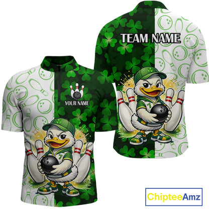 Custom Green Funny Duck Bowling Team Shirt for Men Lucky Clover St Patrick Day Bowling League Outfit QZT861