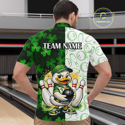 Custom Green Funny Duck Bowling Team Shirt for Men Lucky Clover St Patrick Day Bowling League Outfit QZT861