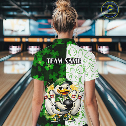 Custom Green Funny Duck Bowling Shirt for Women Lucky Clover St Patrick Day Bowling League QZT861