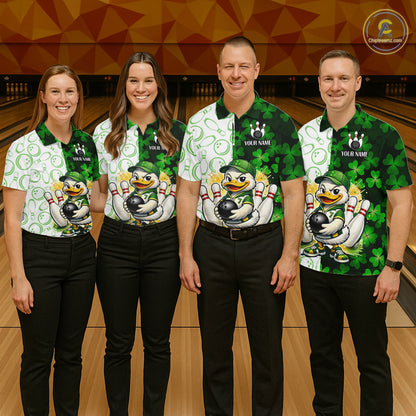 Custom Green Funny Duck Bowling Shirt for Women Lucky Clover St Patrick Day Bowling League QZT861